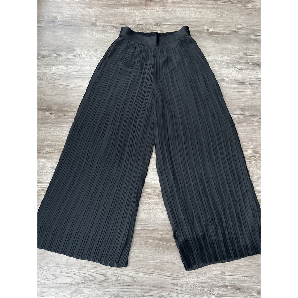 T Tahari Accordion Pleat Wide Leg Pants Ankle Cropped Black Womens XSmall New